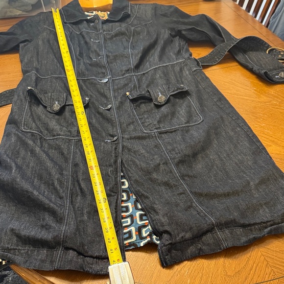 Dark Denim Trench Coat Fitted Button Up Jacket w/ Pockets Patterned Lining 2X - Picture 11 of 14
